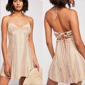 FREE PEOPLE Tina Mini Dress Striped Lace Back Halter Dress XS